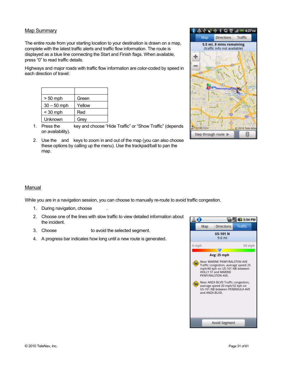 Map summary, Re-routing options, Manual | Telenav for Sprint Supported Devices: v6.2 for Android devices User Manual | Page 31 / 61