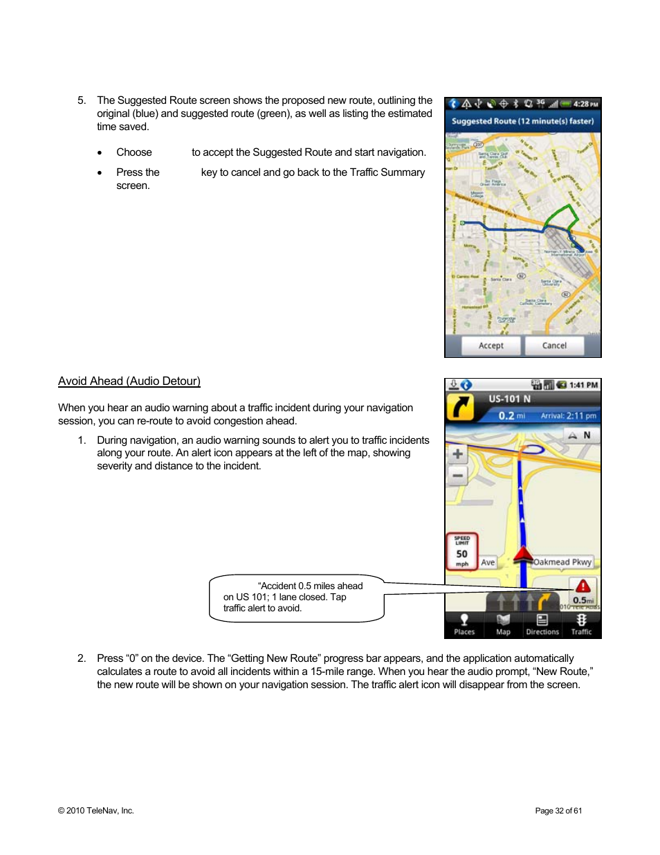 Avoid ahead (audio detour) | Telenav for Sprint Supported Devices: v6.2 for Android devices User Manual | Page 32 / 61