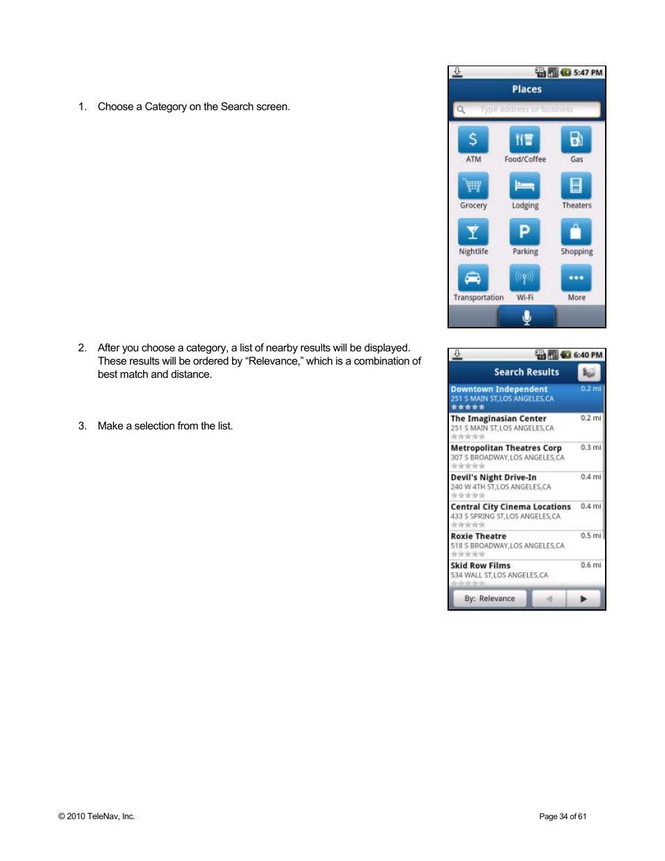 Search by category | Telenav for Sprint Supported Devices: v6.2 for Android devices User Manual | Page 34 / 61