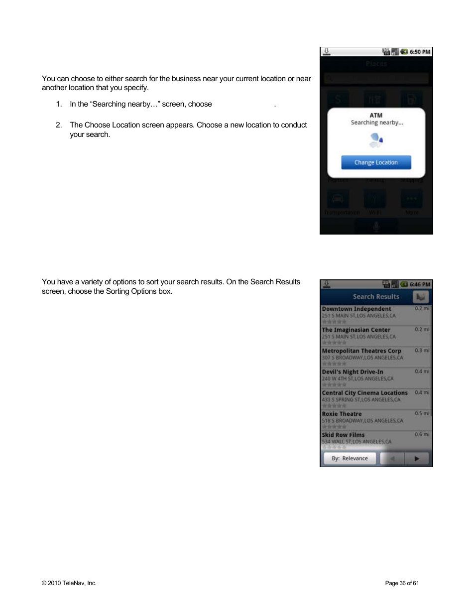 Define a location, Sorting options | Telenav for Sprint Supported Devices: v6.2 for Android devices User Manual | Page 36 / 61