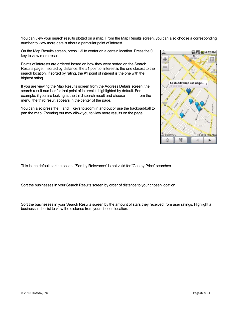 Map results, Sort by relevance, Sort by distance | Sort by rating | Telenav for Sprint Supported Devices: v6.2 for Android devices User Manual | Page 37 / 61