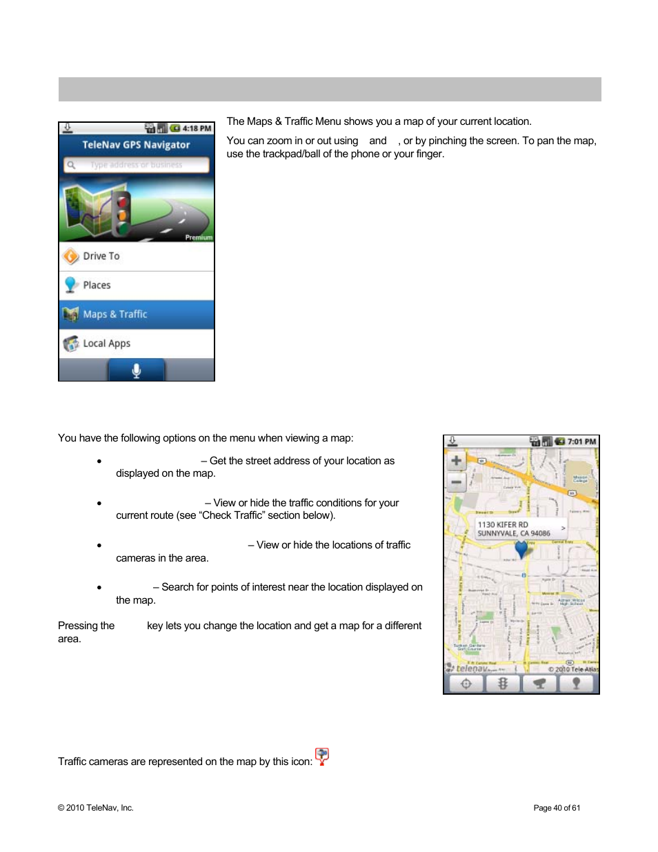 Maps & traffic menu, Map menu options, Traffic cameras and speed traps | Telenav for Sprint Supported Devices: v6.2 for Android devices User Manual | Page 40 / 61