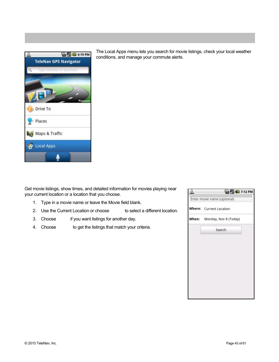 Local apps, Movies | Telenav for Sprint Supported Devices: v6.2 for Android devices User Manual | Page 43 / 61