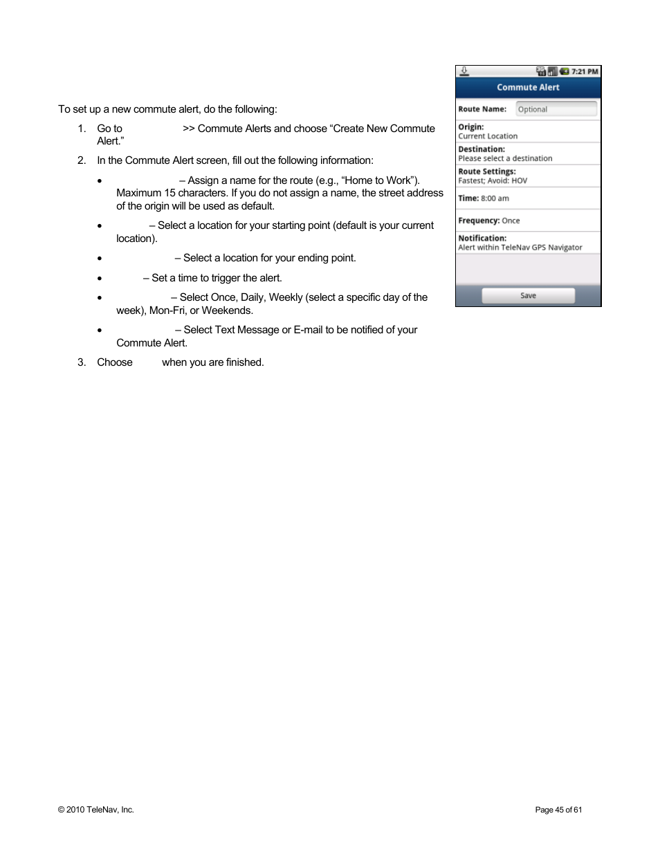Create new alert | Telenav for Sprint Supported Devices: v6.2 for Android devices User Manual | Page 45 / 61