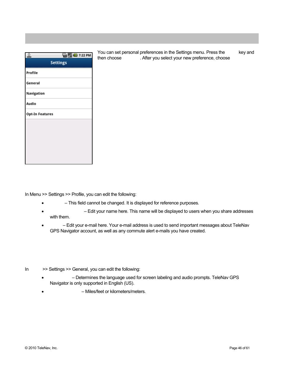 Settings, Profile, General | Telenav for Sprint Supported Devices: v6.2 for Android devices User Manual | Page 46 / 61