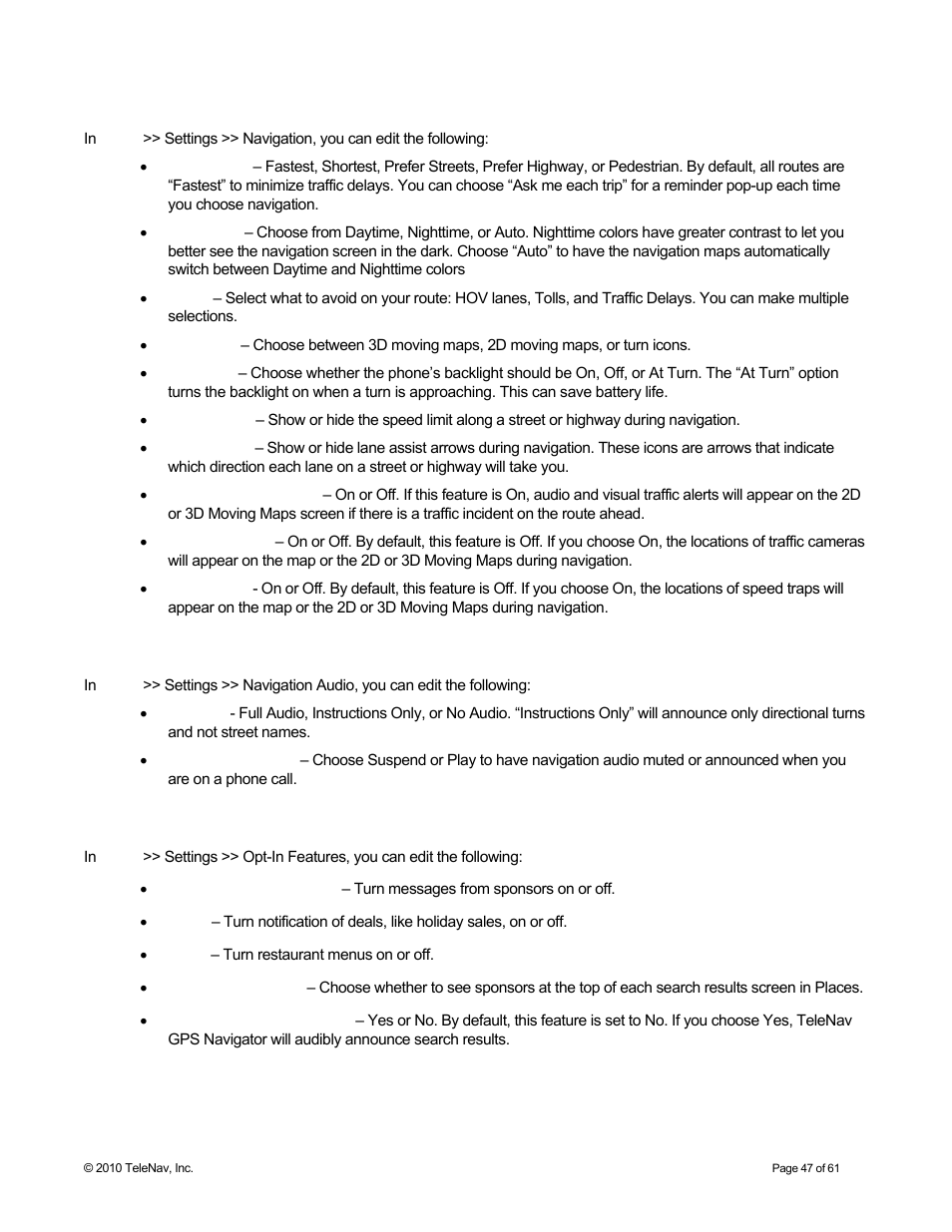 Navigation, Audio, Opt-in features | For m | Telenav for Sprint Supported Devices: v6.2 for Android devices User Manual | Page 47 / 61
