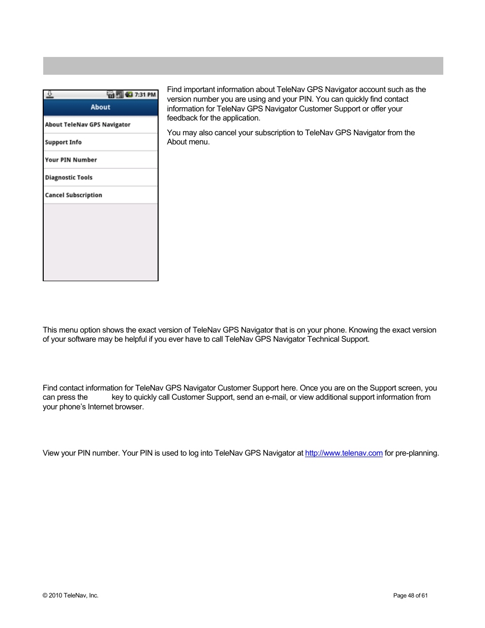 About, About telenav gps navigator, Support info | Your pin number | Telenav for Sprint Supported Devices: v6.2 for Android devices User Manual | Page 48 / 61