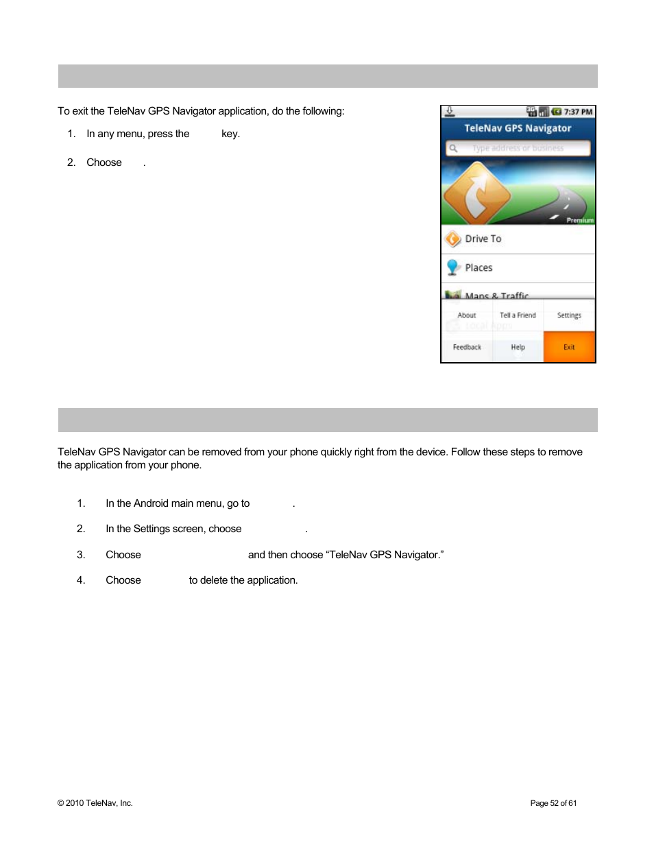 Exiting telenav gps navigator, Removing telenav gps navigator | Telenav for Sprint Supported Devices: v6.2 for Android devices User Manual | Page 52 / 61