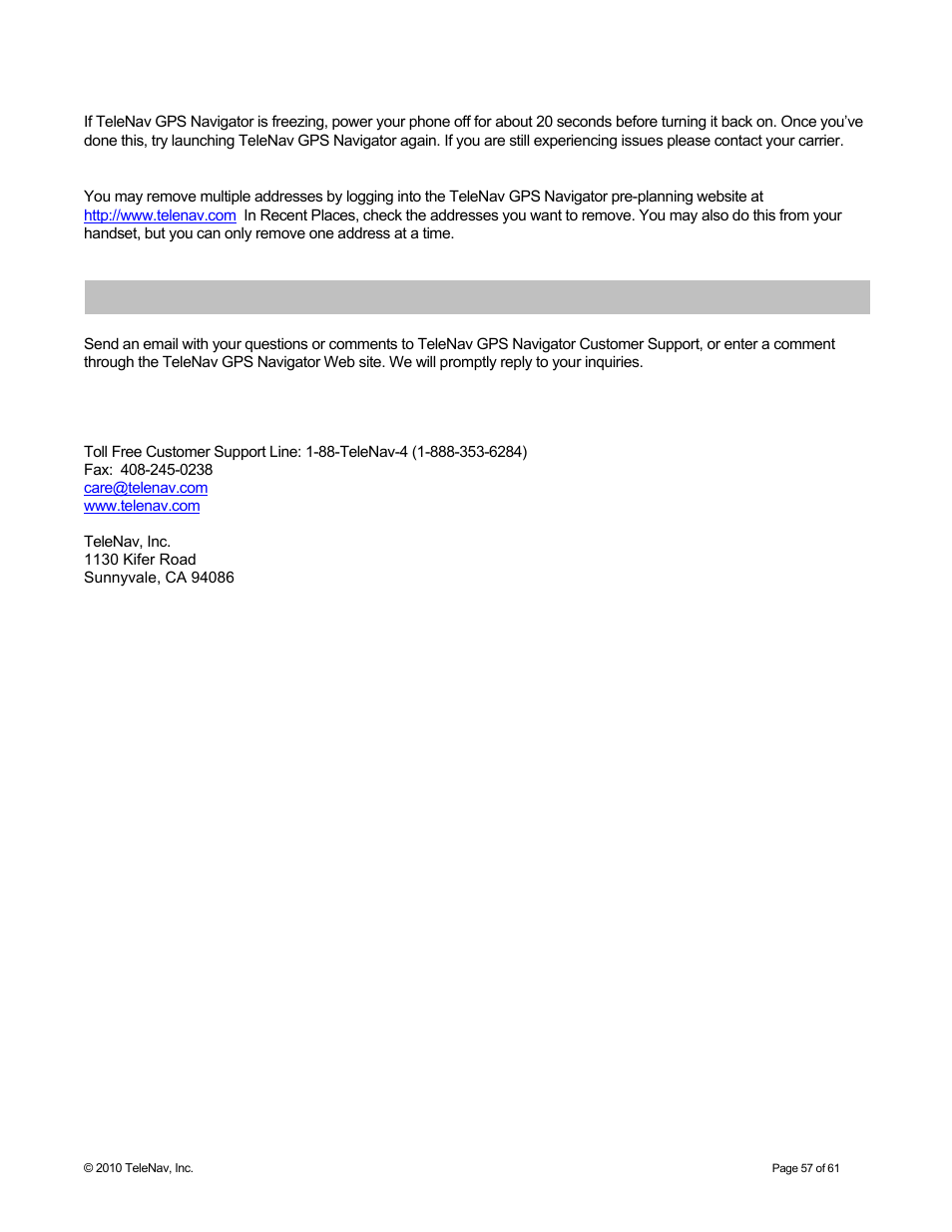 Customer support, Technical support | Telenav for Sprint Supported Devices: v6.2 for Android devices User Manual | Page 57 / 61