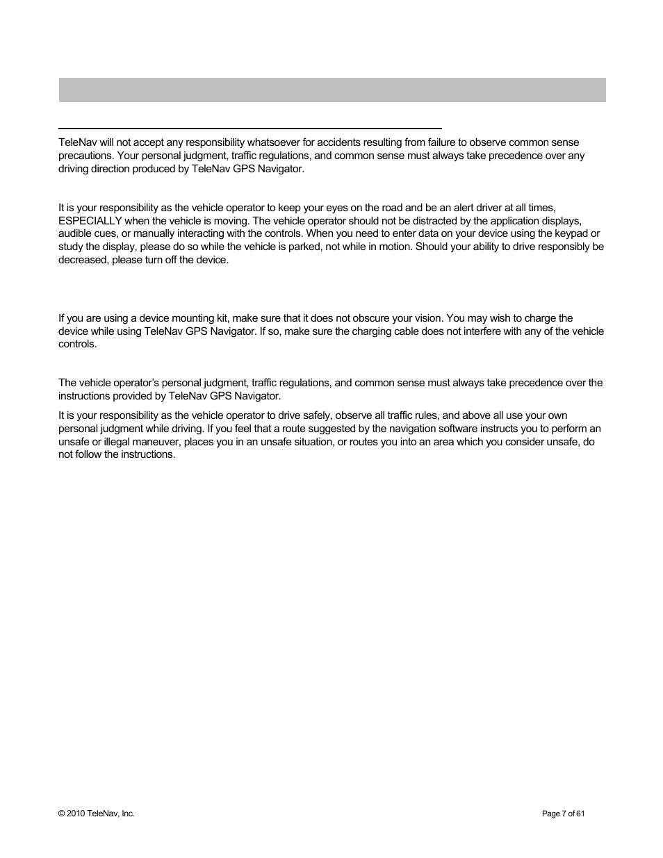 Safety and legal notices | Telenav for Sprint Supported Devices: v6.2 for Android devices User Manual | Page 7 / 61