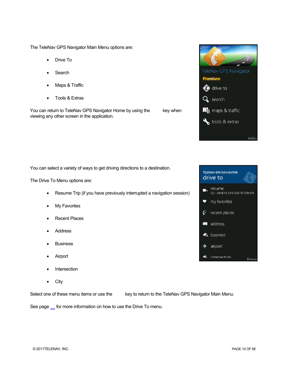 Main menu, Drive to menu | Telenav for Sprint Supported Devices: v5.8 for WinPhone7 User Manual | Page 10 / 68