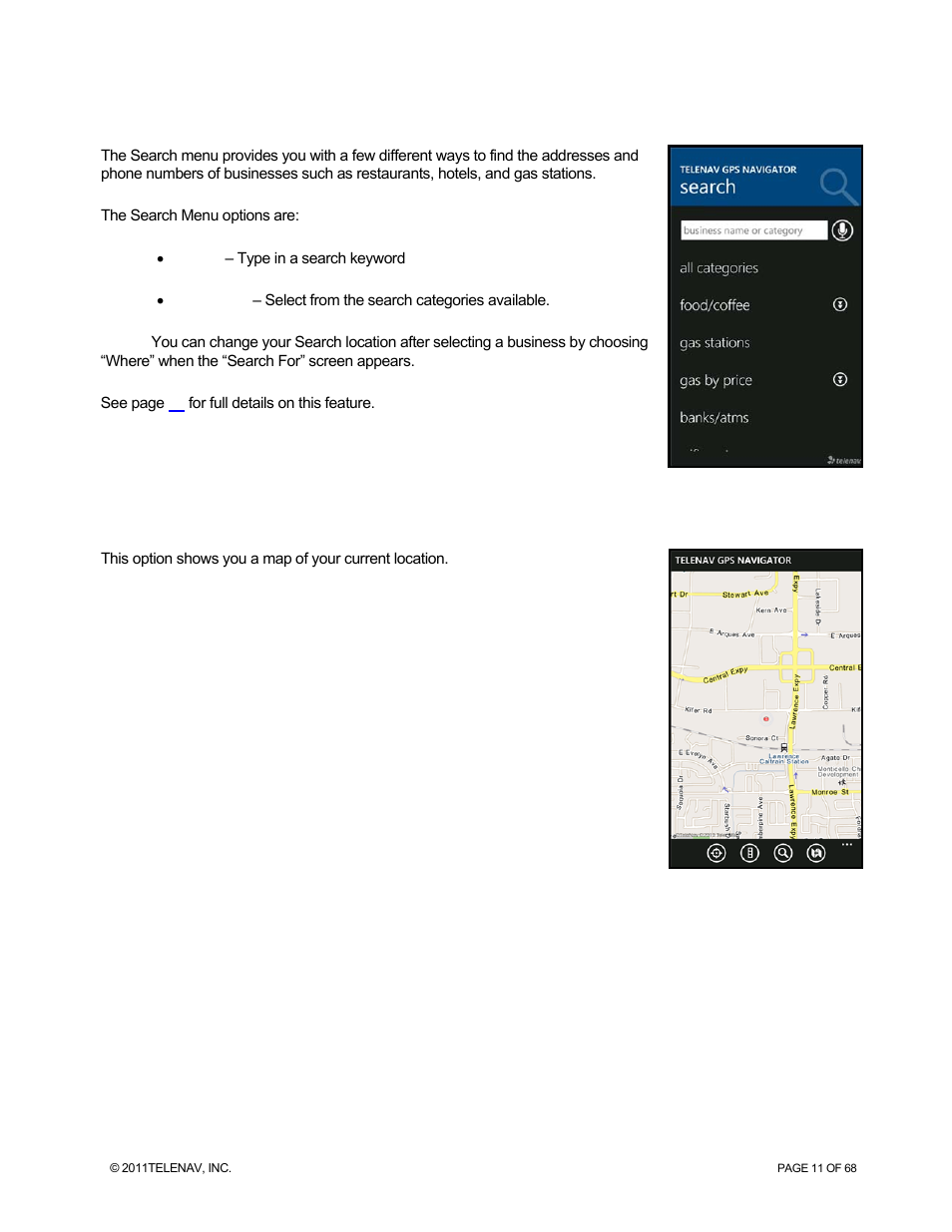 Search menu, Maps & traffic menu | Telenav for Sprint Supported Devices: v5.8 for WinPhone7 User Manual | Page 11 / 68