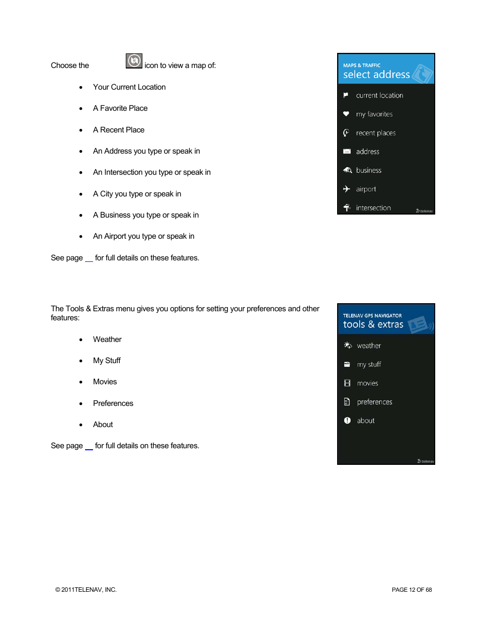 Tools & extras menu | Telenav for Sprint Supported Devices: v5.8 for WinPhone7 User Manual | Page 12 / 68