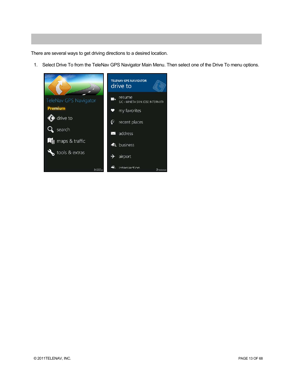 Drive to menu | Telenav for Sprint Supported Devices: v5.8 for WinPhone7 User Manual | Page 13 / 68