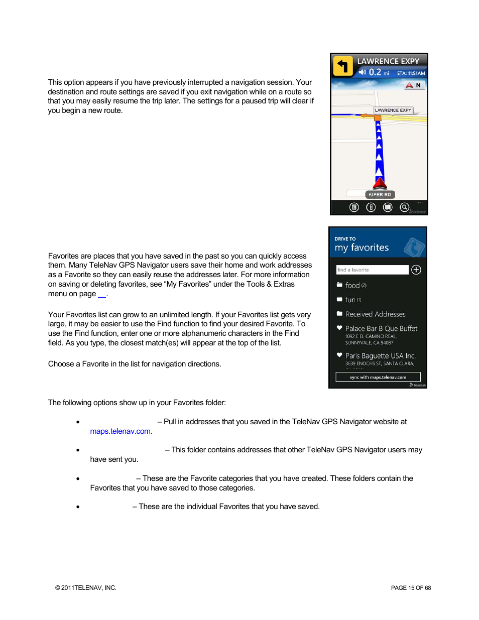 Resume trip, My favorites | Telenav for Sprint Supported Devices: v5.8 for WinPhone7 User Manual | Page 15 / 68
