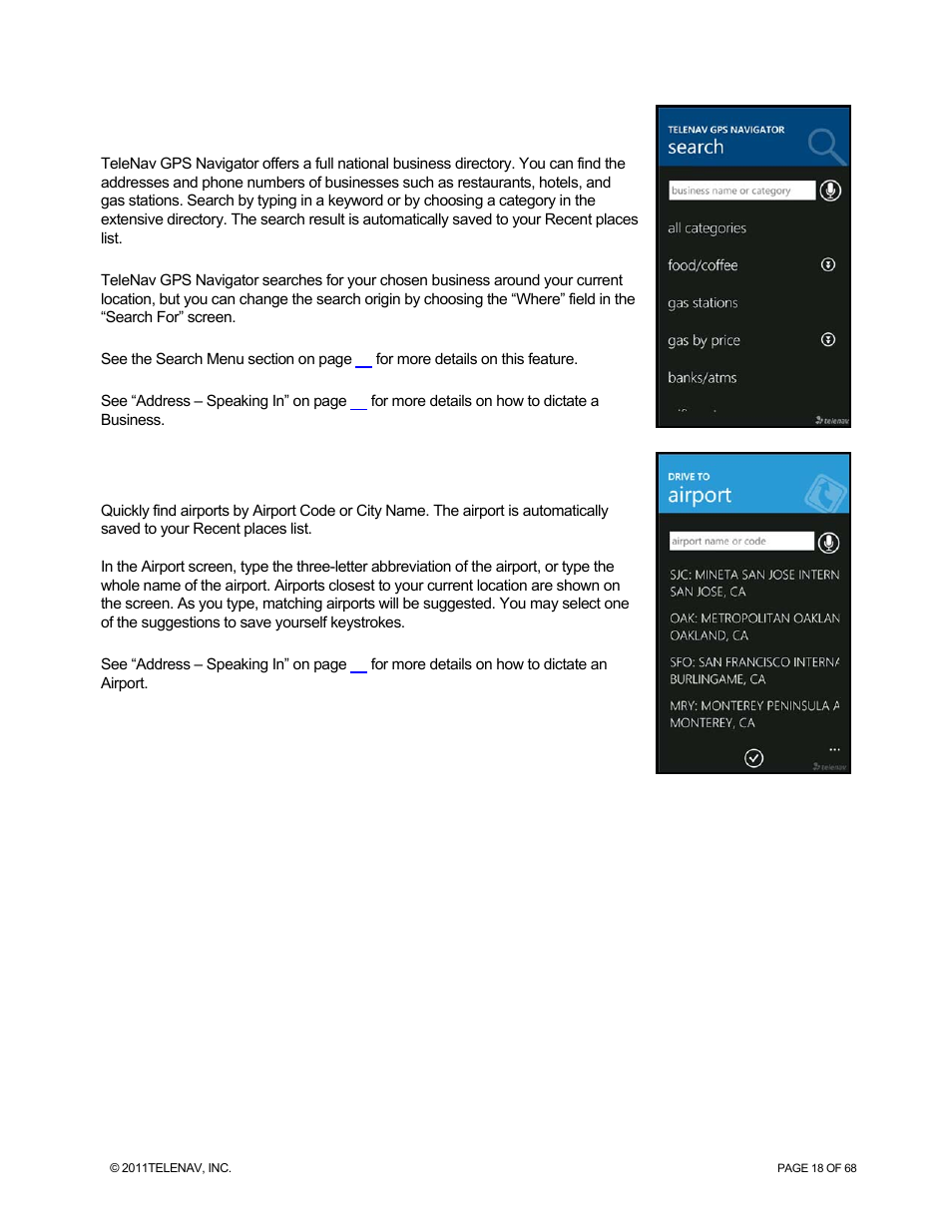 Business, Airports | Telenav for Sprint Supported Devices: v5.8 for WinPhone7 User Manual | Page 18 / 68
