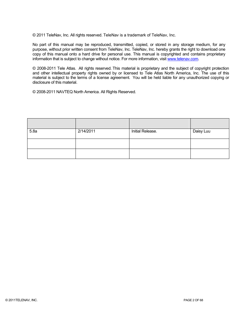 Copyright | Telenav for Sprint Supported Devices: v5.8 for WinPhone7 User Manual | Page 2 / 68