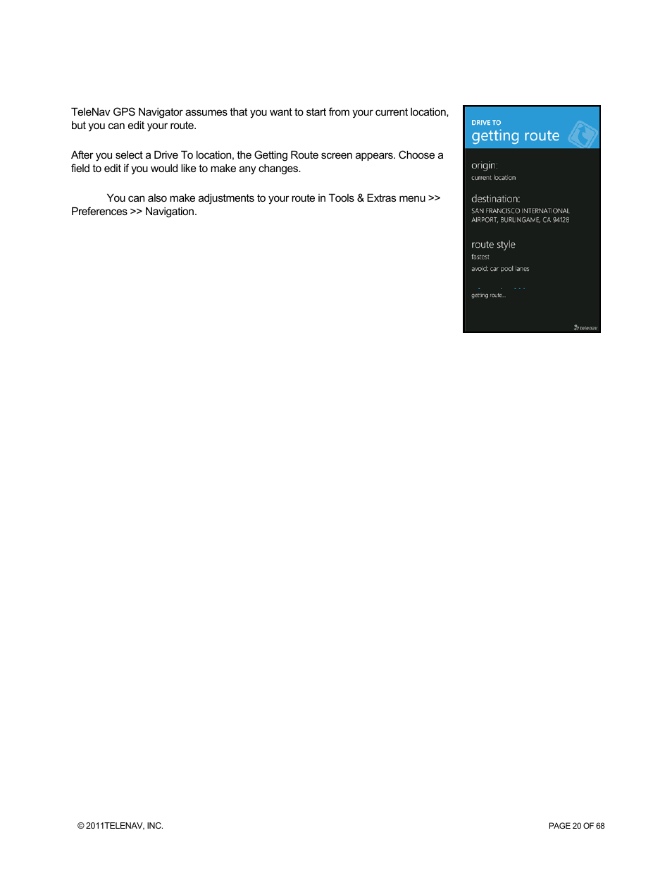 Navigation options (getting route screen) | Telenav for Sprint Supported Devices: v5.8 for WinPhone7 User Manual | Page 20 / 68