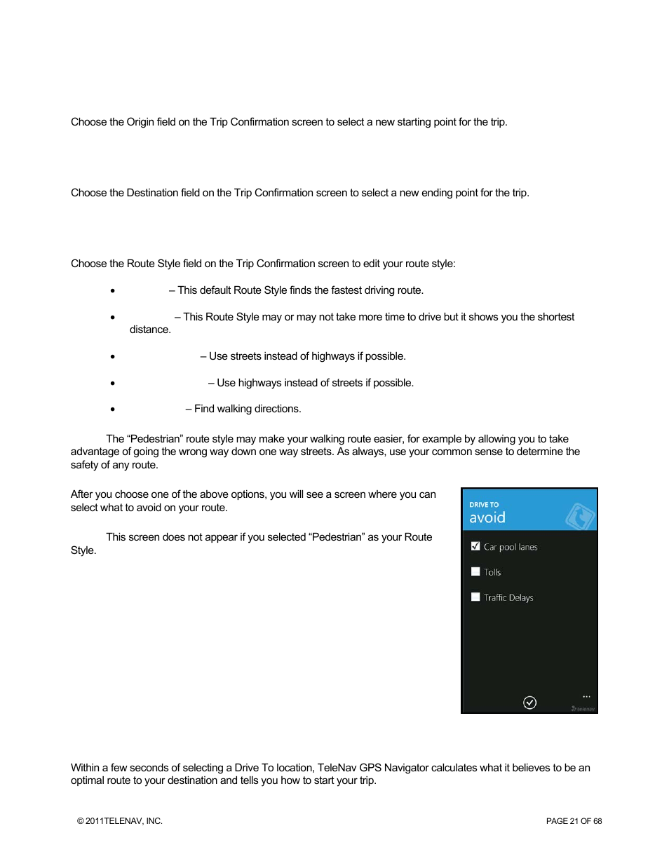 Edit origin, Edit destination, Edit route style | Initial driving directions | Telenav for Sprint Supported Devices: v5.8 for WinPhone7 User Manual | Page 21 / 68