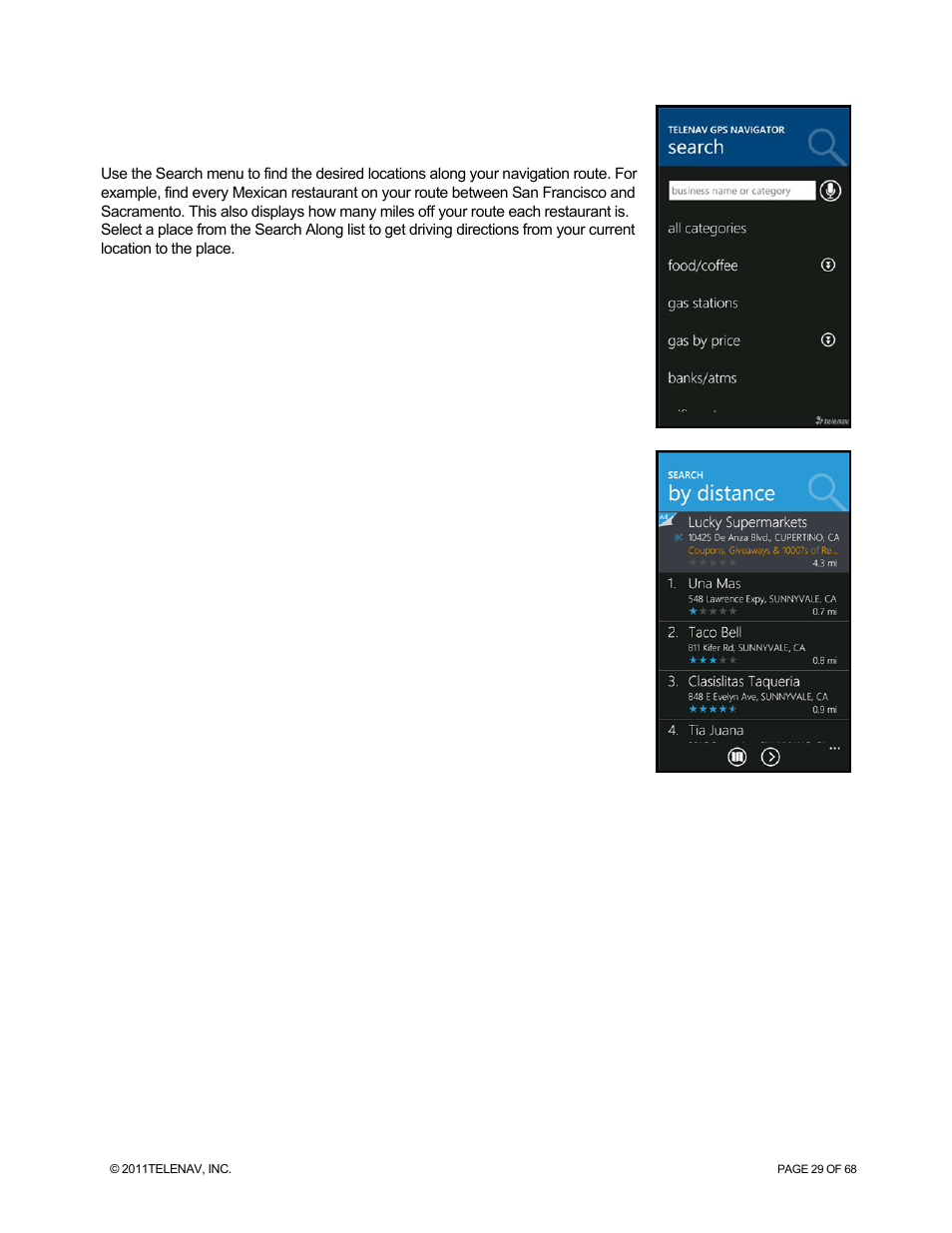 Search along | Telenav for Sprint Supported Devices: v5.8 for WinPhone7 User Manual | Page 29 / 68