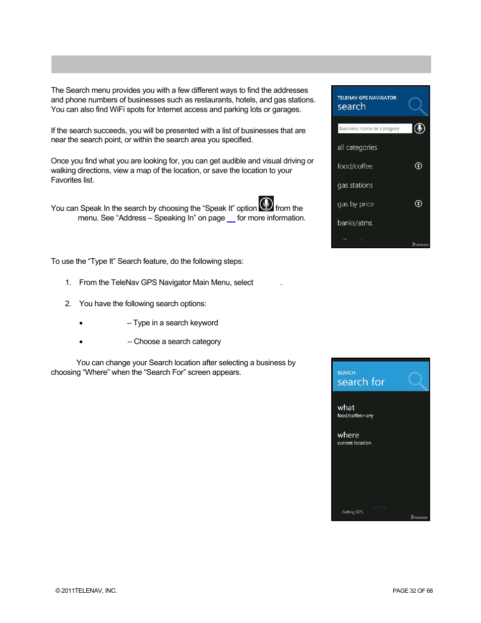 Search menu, Search options, For more details | Telenav for Sprint Supported Devices: v5.8 for WinPhone7 User Manual | Page 32 / 68