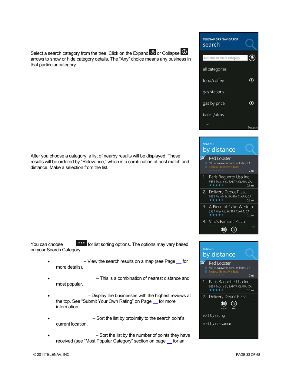 Search by category, Sorting options | Telenav for Sprint Supported Devices: v5.8 for WinPhone7 User Manual | Page 33 / 68