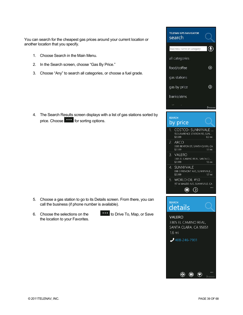 Search for gas by price | Telenav for Sprint Supported Devices: v5.8 for WinPhone7 User Manual | Page 39 / 68