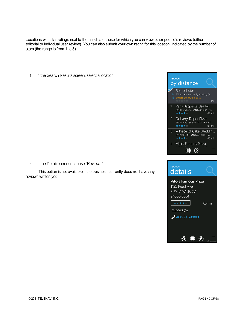 Reviews and ratings, Read reviews | Telenav for Sprint Supported Devices: v5.8 for WinPhone7 User Manual | Page 40 / 68