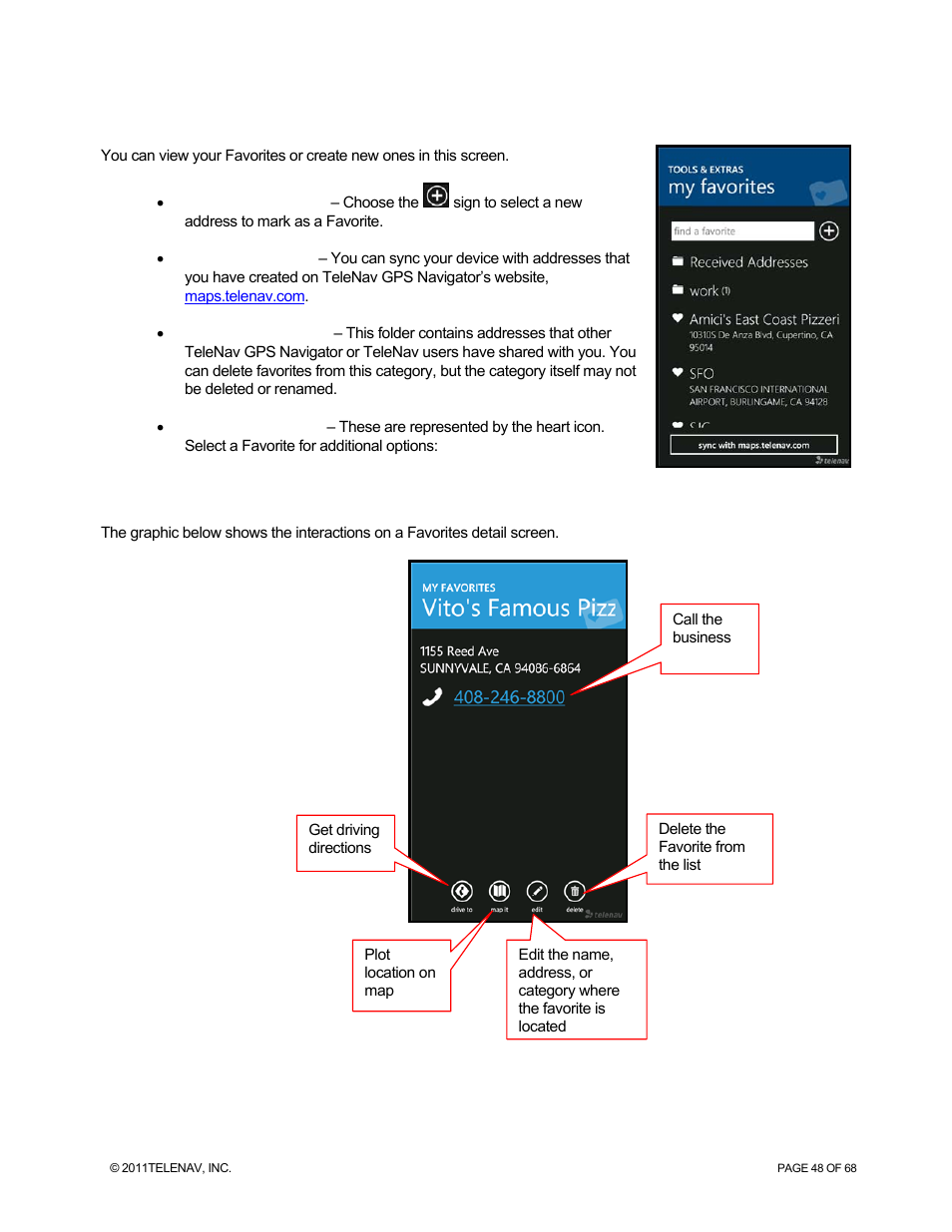My favorites | Telenav for Sprint Supported Devices: v5.8 for WinPhone7 User Manual | Page 48 / 68