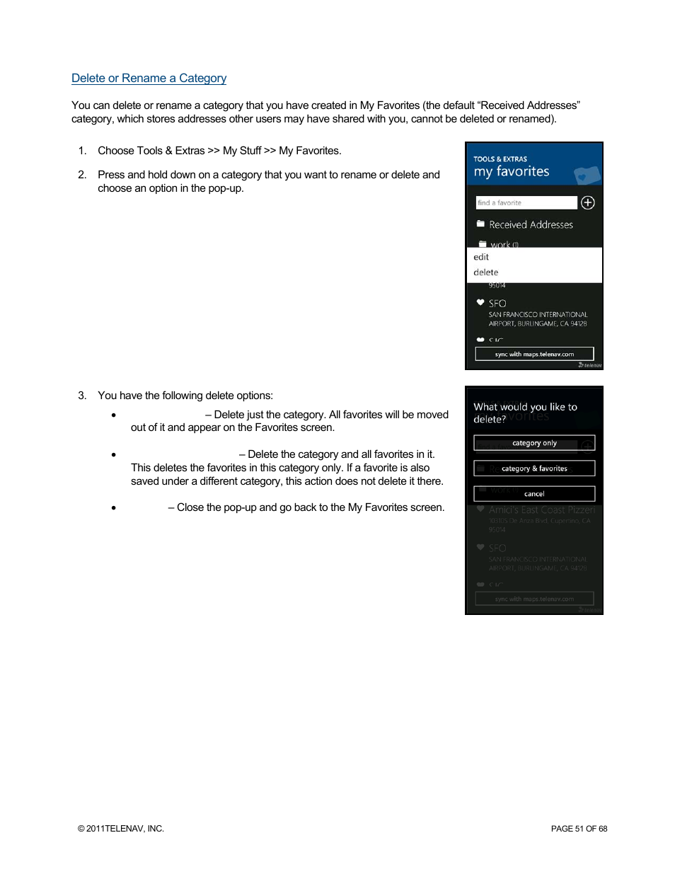Delete or rename a category | Telenav for Sprint Supported Devices: v5.8 for WinPhone7 User Manual | Page 51 / 68
