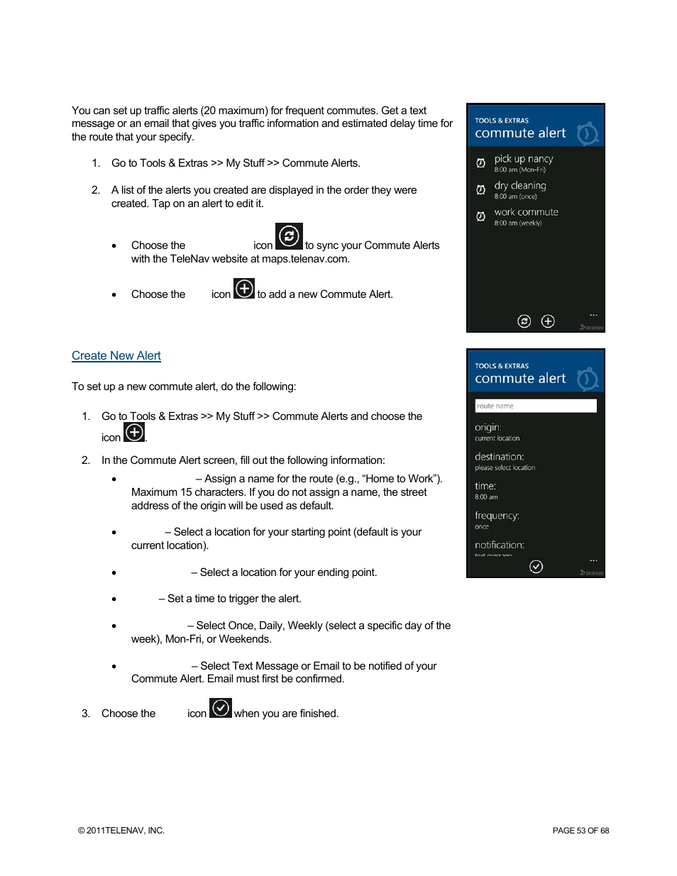 Commute alerts, Create new alert | Telenav for Sprint Supported Devices: v5.8 for WinPhone7 User Manual | Page 53 / 68