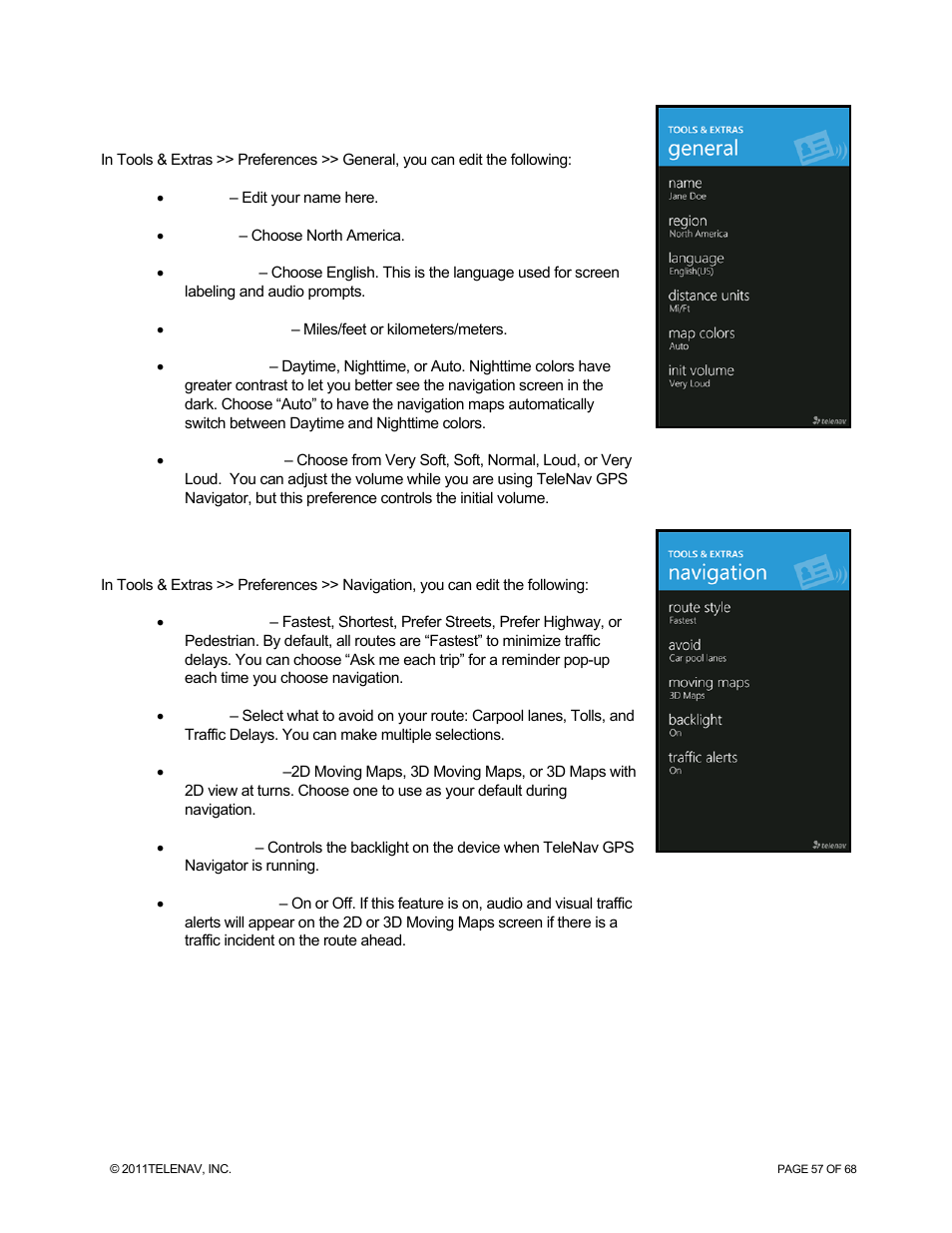 General, Navigation | Telenav for Sprint Supported Devices: v5.8 for WinPhone7 User Manual | Page 57 / 68