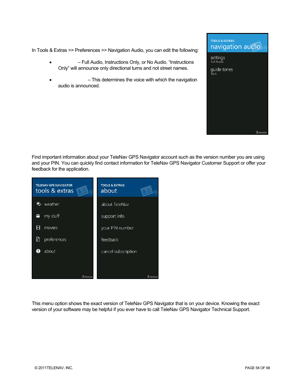 Navigation audio, About, About telenav gps navigator | Telenav for Sprint Supported Devices: v5.8 for WinPhone7 User Manual | Page 58 / 68