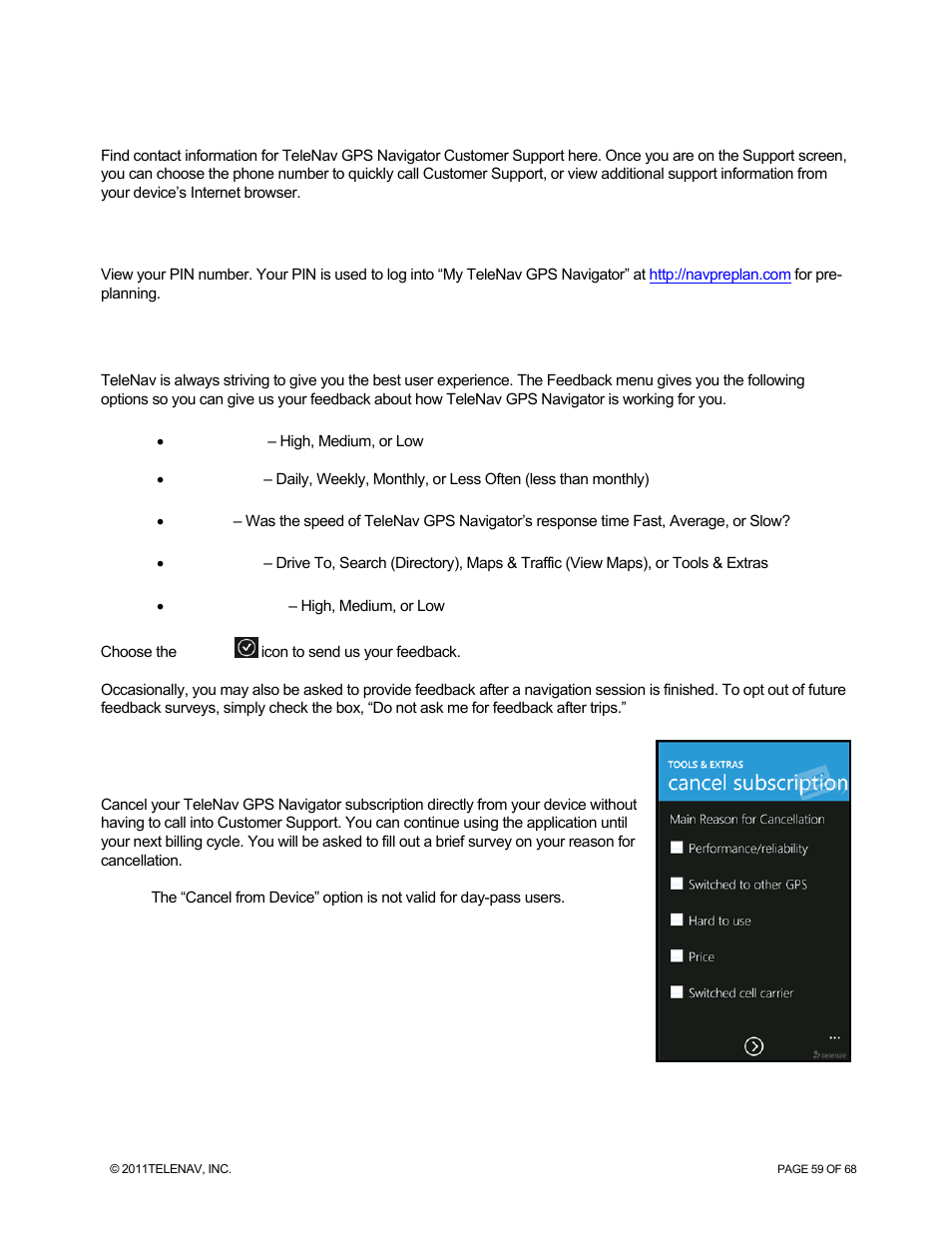 Support info, Your pin number, Feedback | Cancel subscription | Telenav for Sprint Supported Devices: v5.8 for WinPhone7 User Manual | Page 59 / 68