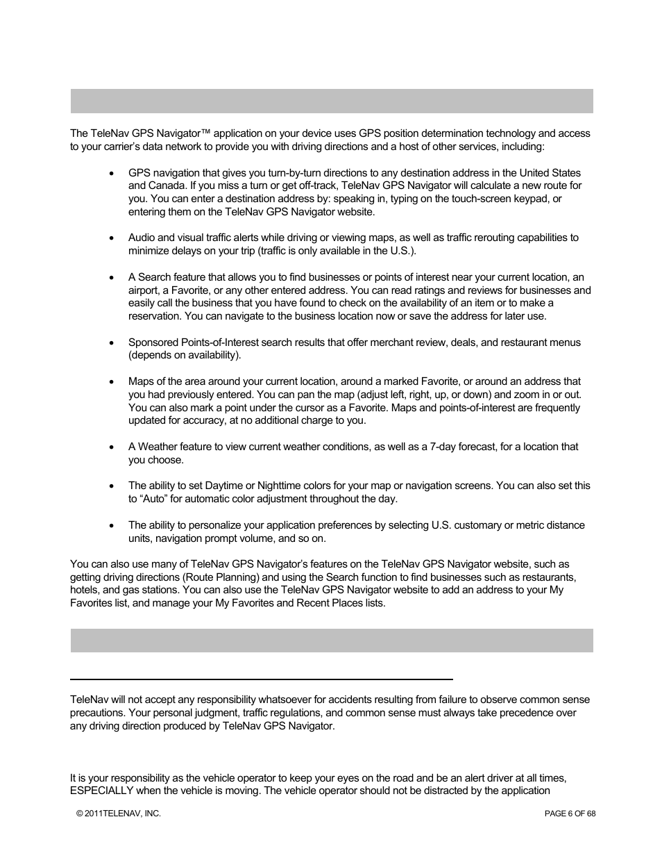 Welcome, Safety and legal notices | Telenav for Sprint Supported Devices: v5.8 for WinPhone7 User Manual | Page 6 / 68