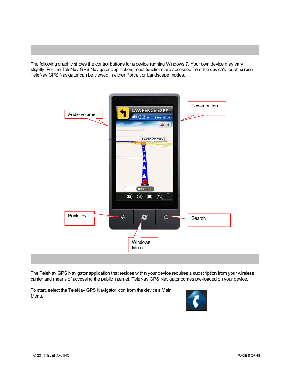 Device controls, Getting started with telenav gps navigator | Telenav for Sprint Supported Devices: v5.8 for WinPhone7 User Manual | Page 8 / 68