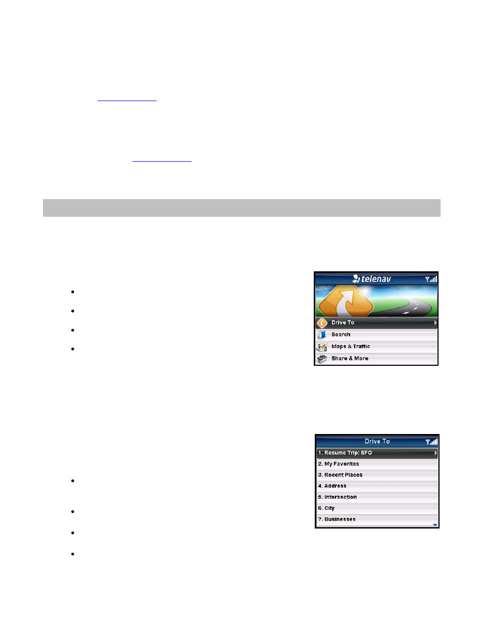 Telenav gps navigator menu overview, Main menu, Drive to menu | Telenav for Sprint Supported Devices: v5.5 for BlackBerry 8830, 8330, 8130 User Manual | Page 15 / 68