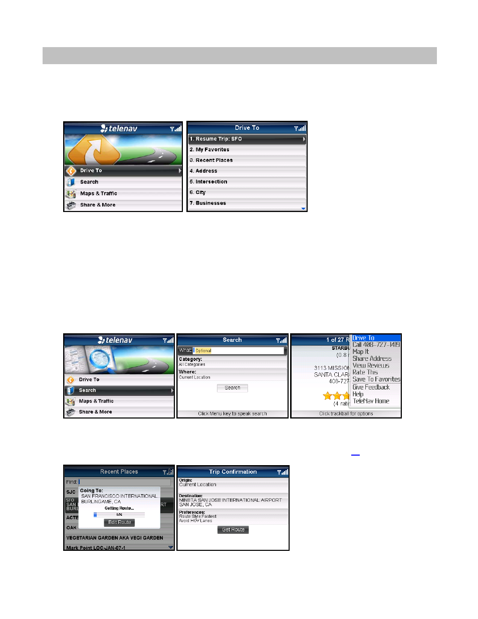 Drive to menu | Telenav for Sprint Supported Devices: v5.5 for BlackBerry 8830, 8330, 8130 User Manual | Page 18 / 68