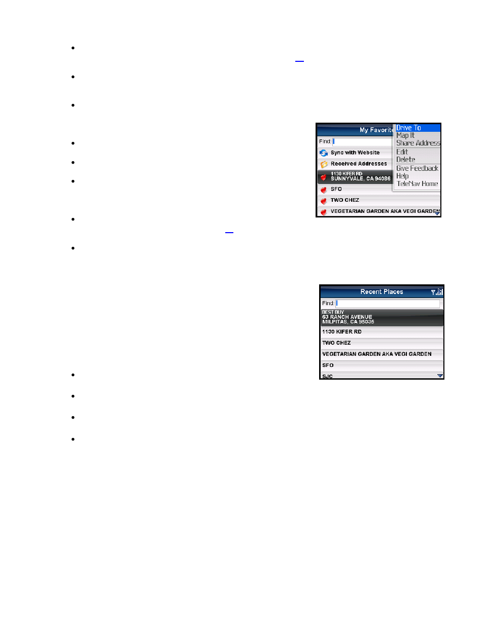 Recent places | Telenav for Sprint Supported Devices: v5.5 for BlackBerry 8830, 8330, 8130 User Manual | Page 20 / 68