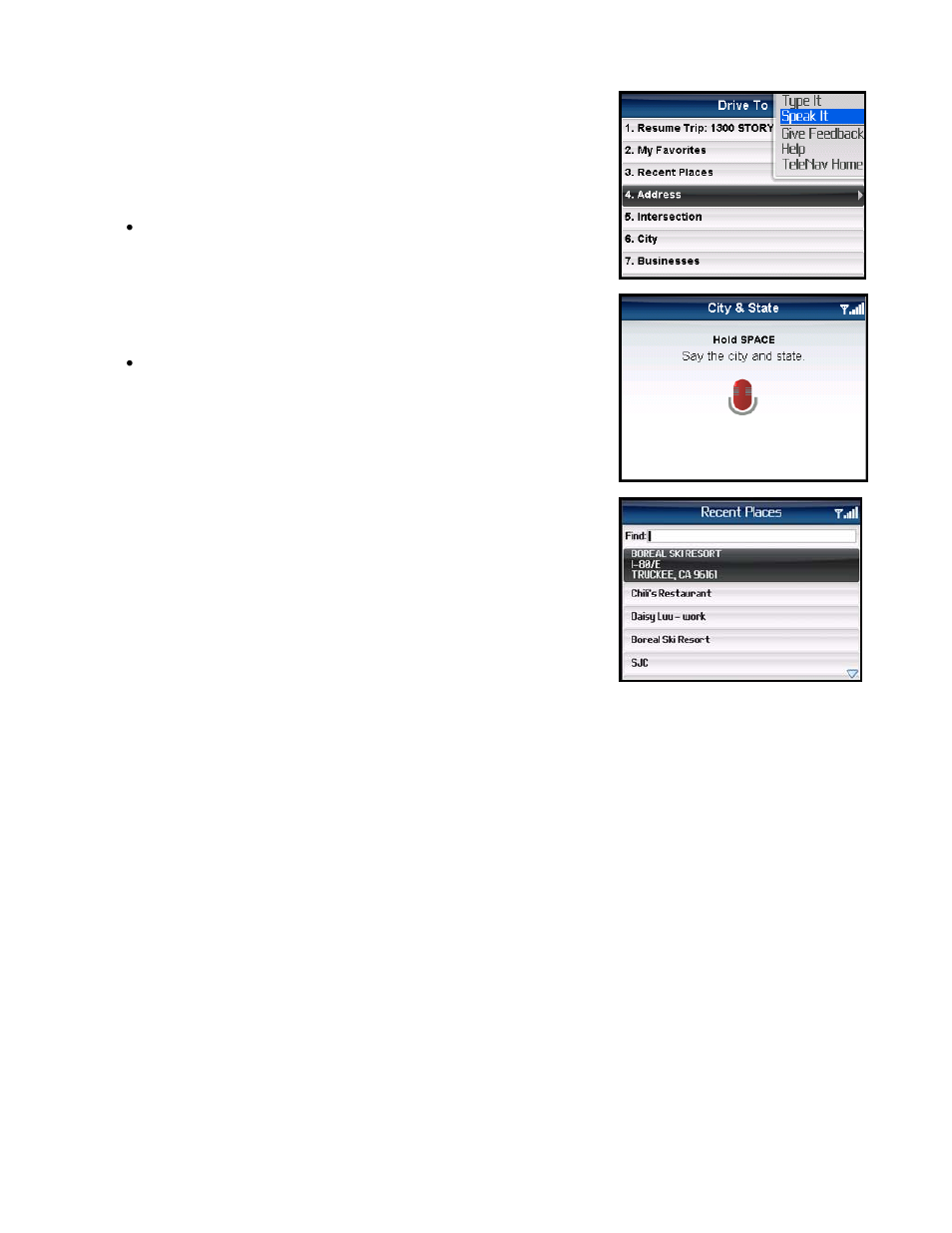 Address – speaking in, Using a bluetooth headset | Telenav for Sprint Supported Devices: v5.5 for BlackBerry 8830, 8330, 8130 User Manual | Page 23 / 68