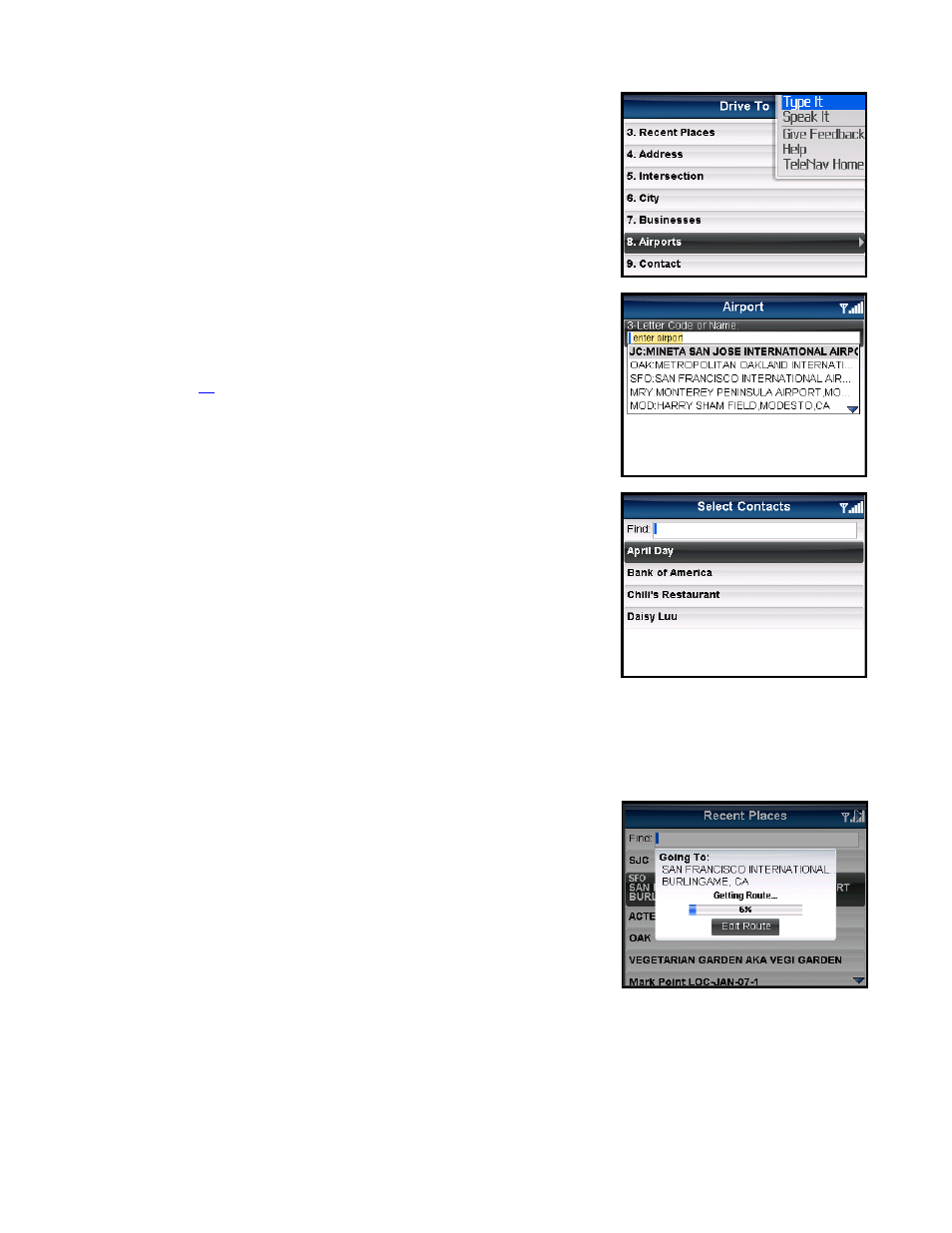 Airports, Contact, Navigation options (going to screen) | Edit origin, Edit destination, Edit preferences | Telenav for Sprint Supported Devices: v5.5 for BlackBerry 8830, 8330, 8130 User Manual | Page 27 / 68