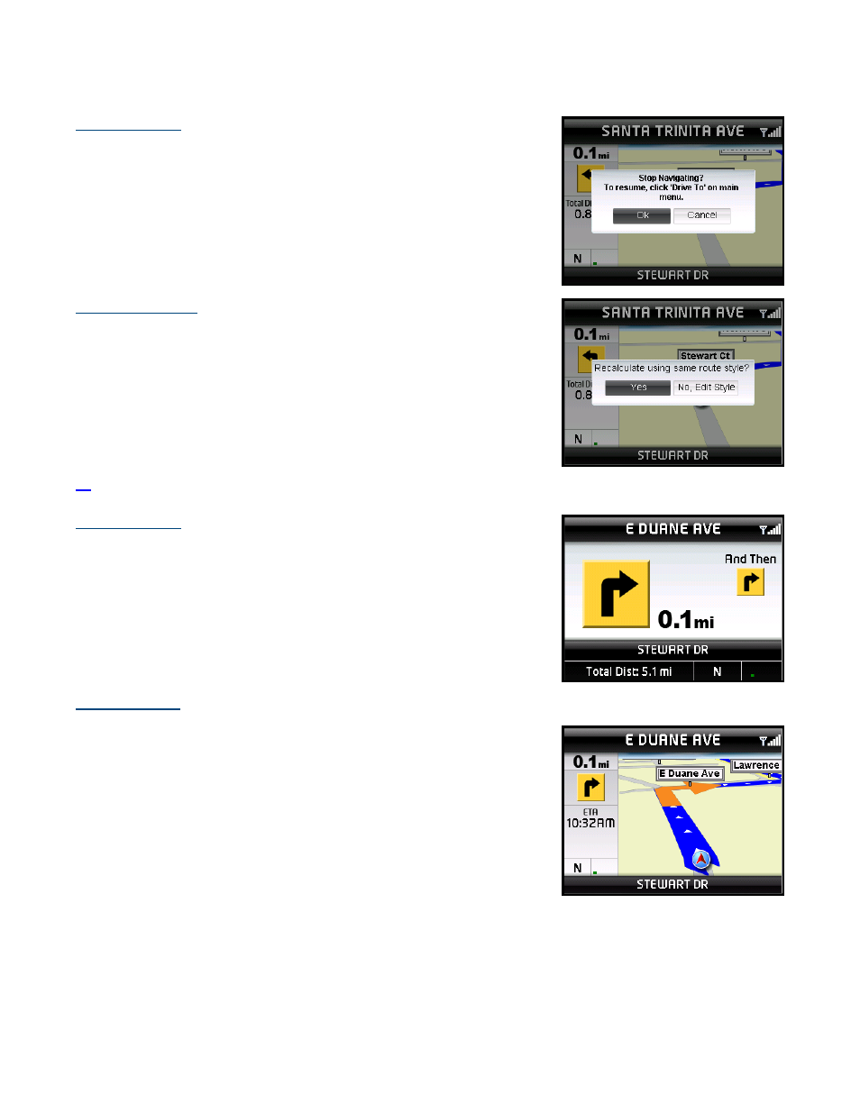 Stop navigating, Recalculate route, Turn icons only | 3d moving map | Telenav for Sprint Supported Devices: v5.5 for BlackBerry 8830, 8330, 8130 User Manual | Page 31 / 68