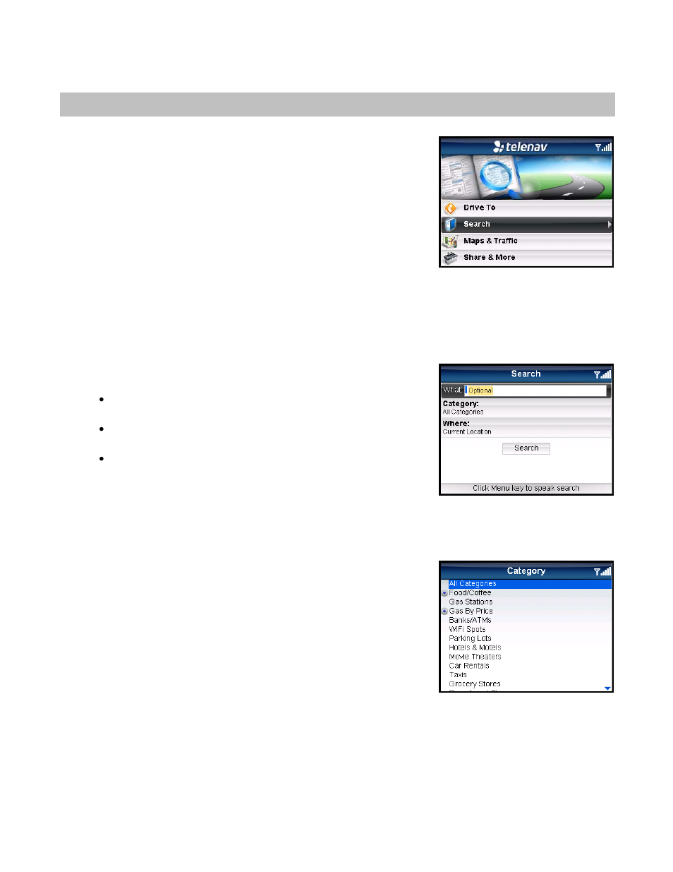 Search menu, Search by category | Telenav for Sprint Supported Devices: v5.5 for BlackBerry 8830, 8330, 8130 User Manual | Page 38 / 68