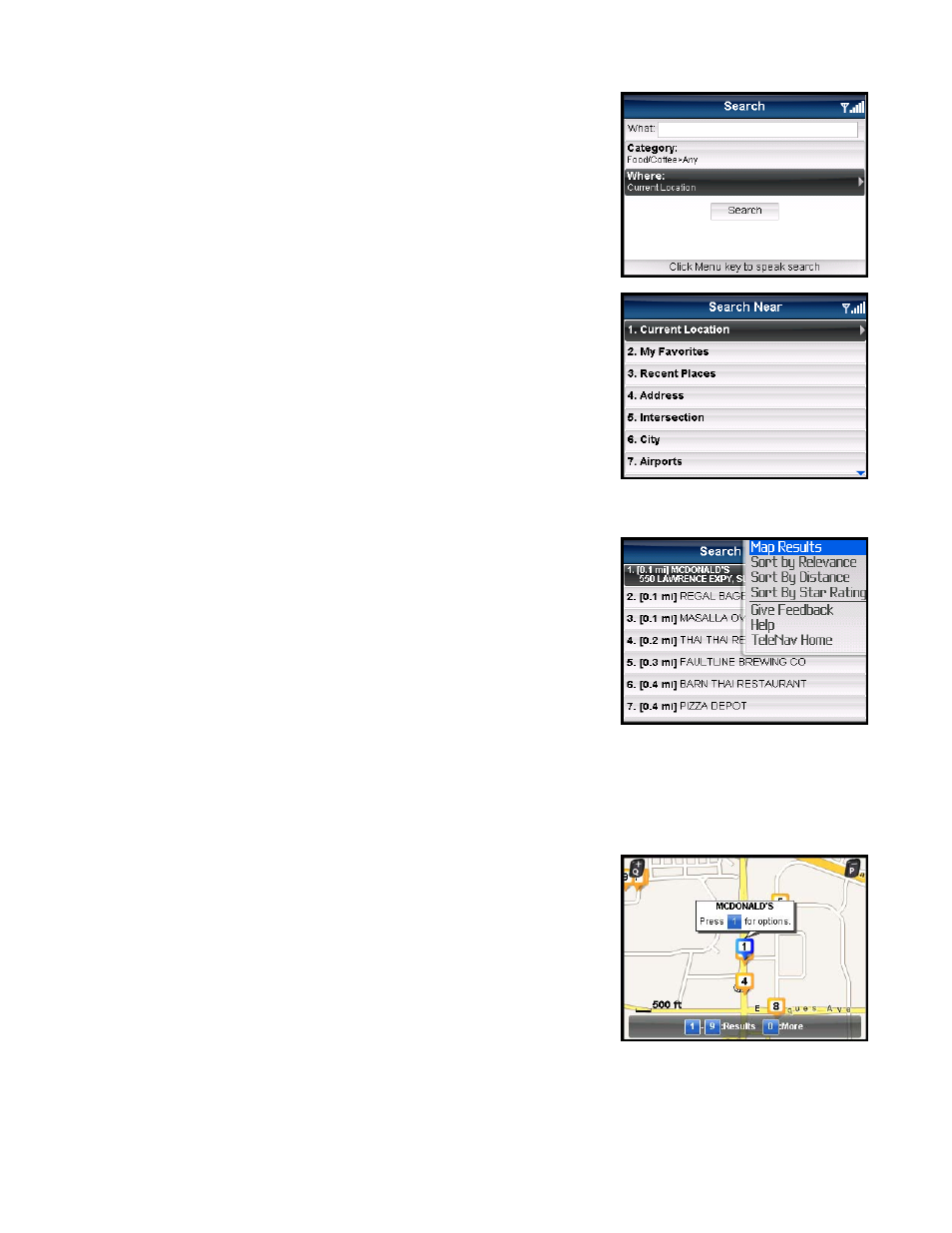 Define a location, Sorting options, Map results | Telenav for Sprint Supported Devices: v5.5 for BlackBerry 8830, 8330, 8130 User Manual | Page 40 / 68
