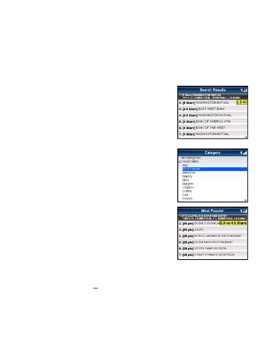 Sort by relevance, Sort by distance, Sort by star rating | Most popular category | Telenav for Sprint Supported Devices: v5.5 for BlackBerry 8830, 8330, 8130 User Manual | Page 41 / 68