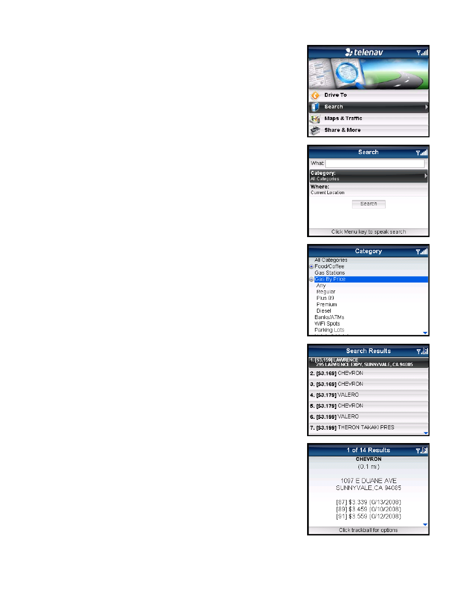 Search for gas by price | Telenav for Sprint Supported Devices: v5.5 for BlackBerry 8830, 8330, 8130 User Manual | Page 42 / 68