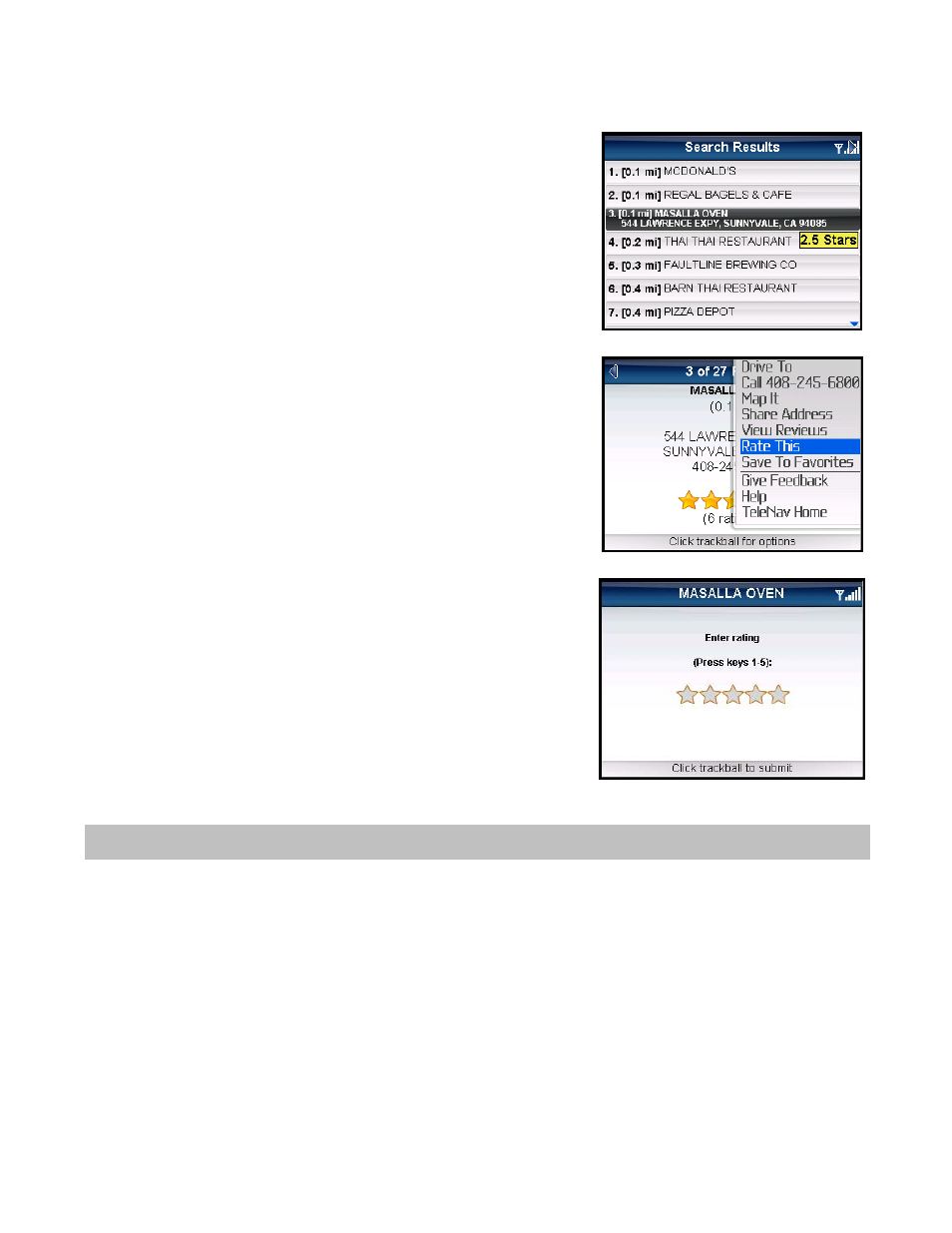 Submit your own rating, Maps & traffic menu | Telenav for Sprint Supported Devices: v5.5 for BlackBerry 8830, 8330, 8130 User Manual | Page 44 / 68