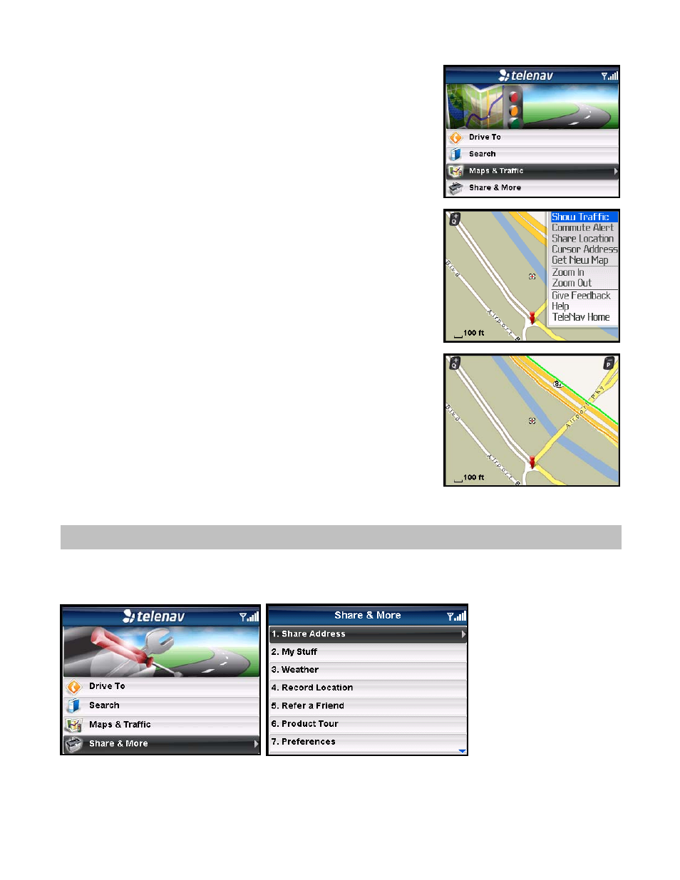 Check traffic, Share & more menu | Telenav for Sprint Supported Devices: v5.5 for BlackBerry 8830, 8330, 8130 User Manual | Page 47 / 68