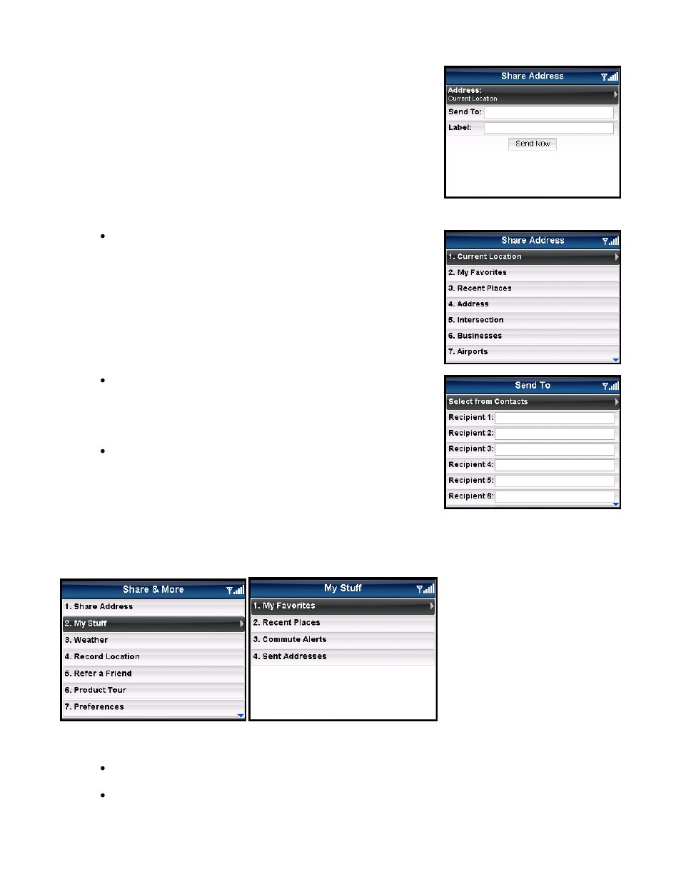 Share address, My stuff | Telenav for Sprint Supported Devices: v5.5 for BlackBerry 8830, 8330, 8130 User Manual | Page 48 / 68