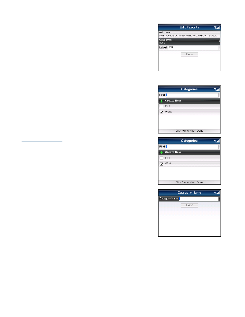 Category, Create new category, Delete or rename a category | Telenav for Sprint Supported Devices: v5.5 for BlackBerry 8830, 8330, 8130 User Manual | Page 50 / 68